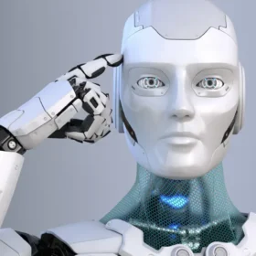 A humanoid robot with a futuristic design pointing to its temple, symbolizing artificial intelligence and thinking.