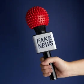 A hand holding a microphone labeled "FAKE NEWS," with a spiky red foam cover, against a dark blue background.